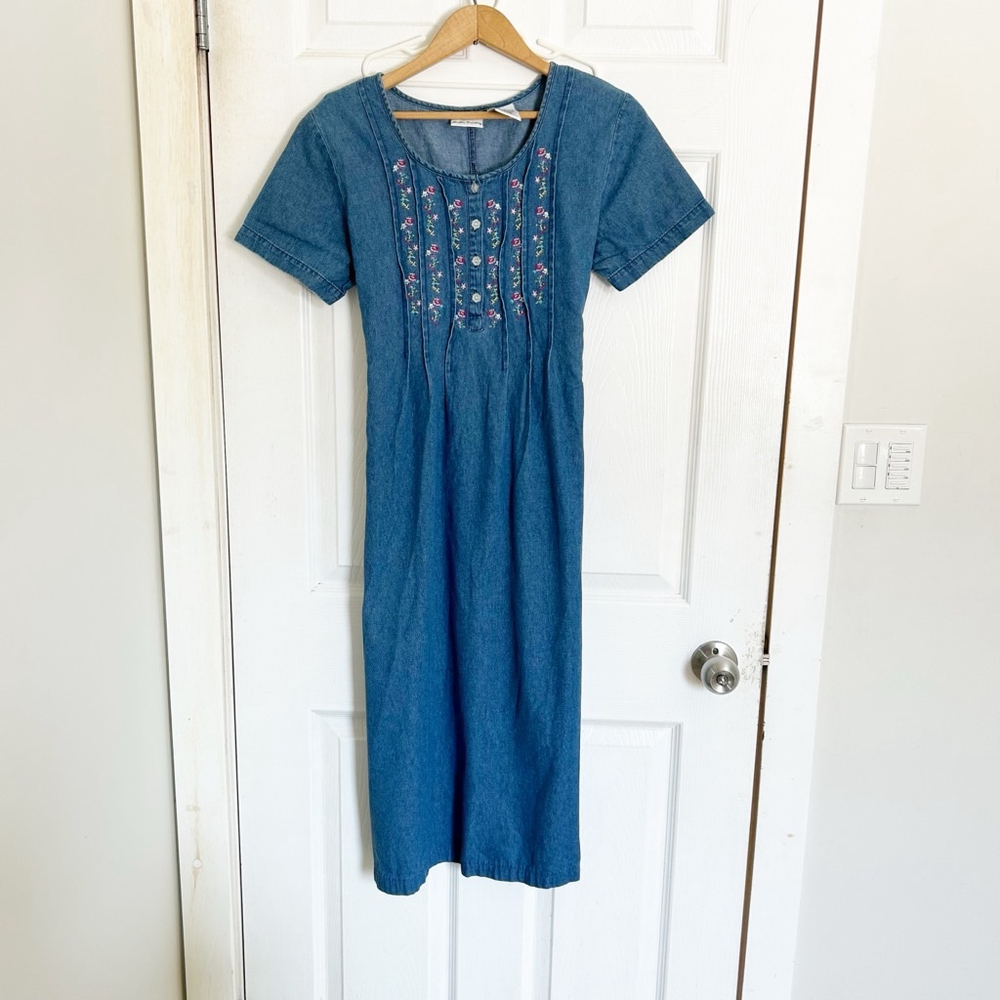 90’s Single Stitch Blue Floral Bobbie Brooks Denim Dress Size S 100% Cotton